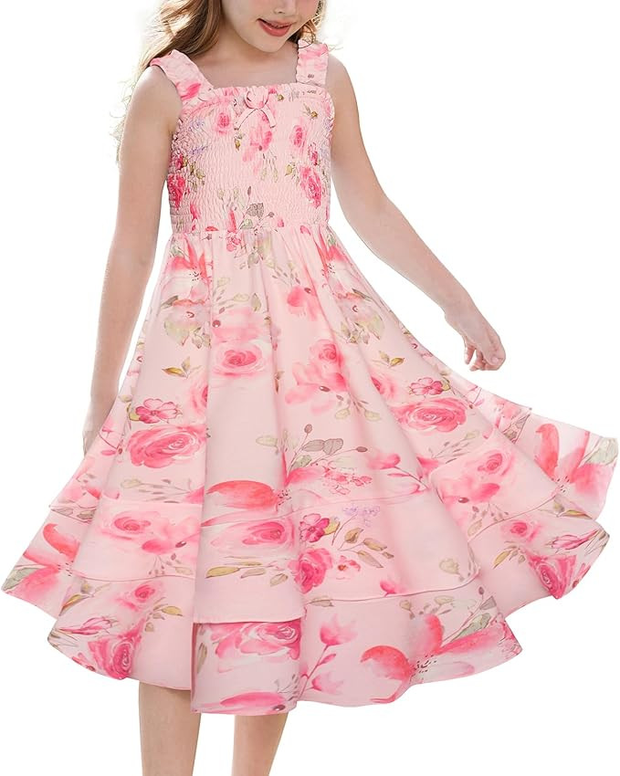 GRACE KARIN Girls Floral Maxi Dress Square Neck Wide Straps Smocked Summer Spring Flowy Dress 5-1... | Amazon (US)