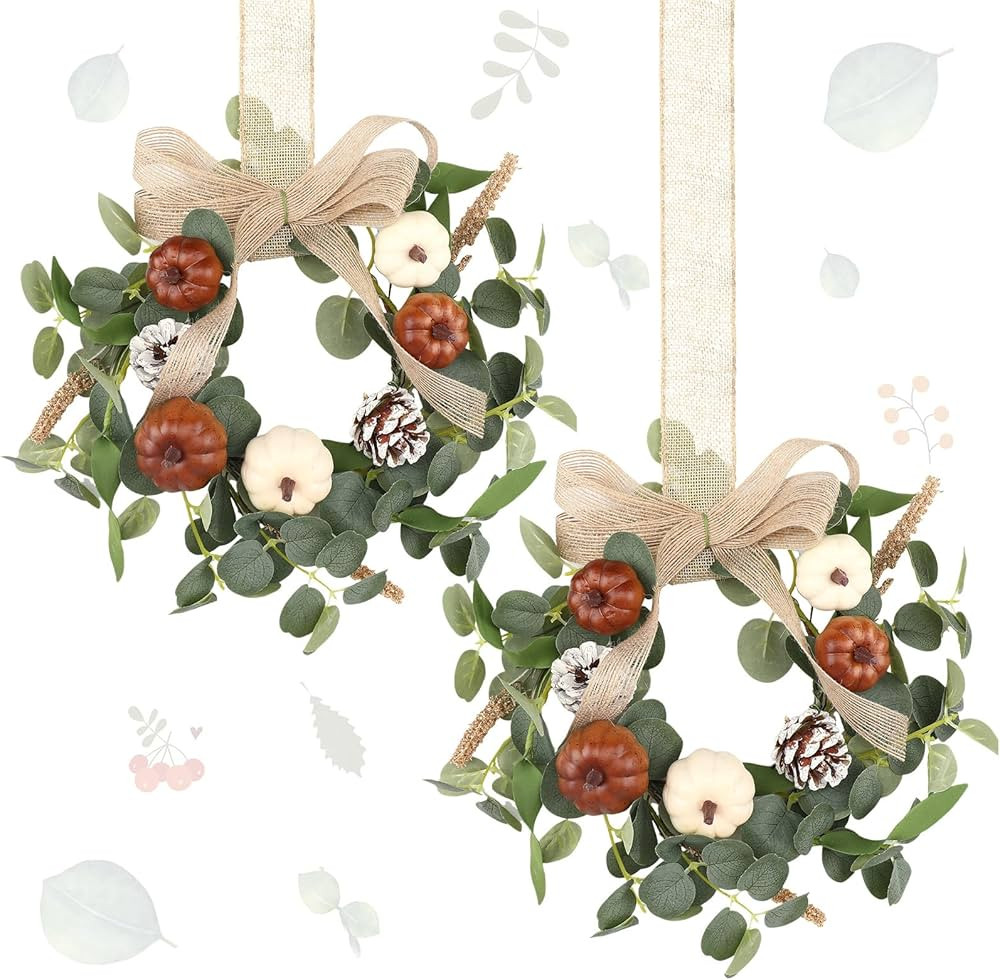 Syhood 2 Pcs 9" Mini Fall Wreath Small Pumpkin Cabinet Wreath Autumn Eucalyptus Candle Wreath wit... | Amazon (US)