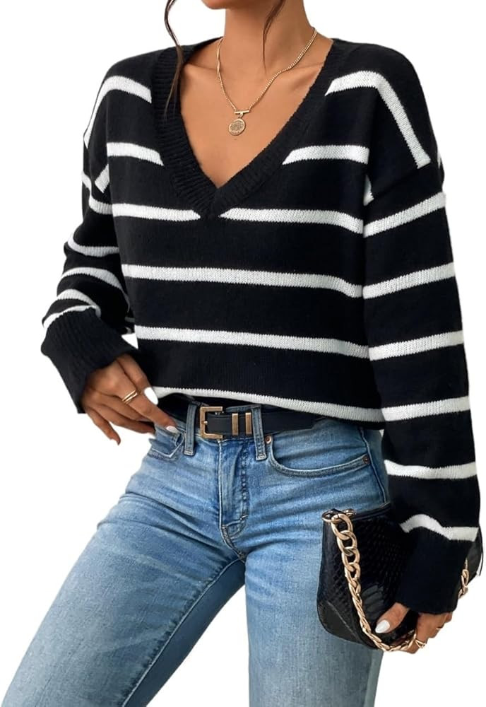 Women's 2024 Fall Long Sleeve Sweaters V Neck Striped Drop Shoulder Sweater | Amazon (US)