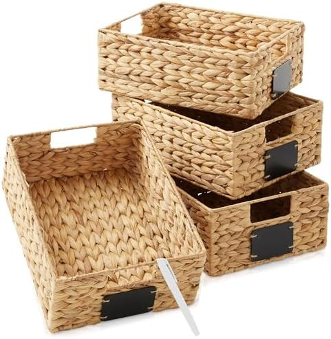 Casafield Set of 4 Water Hyacinth Pantry Baskets, 10" x 13" x 5", with Chalkboard Labels and Chal... | Amazon (US)