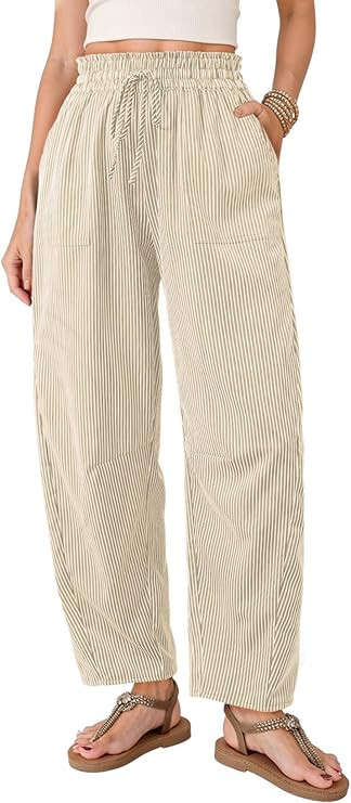 Dokotoo Women's Striped Barrel Casual Pants High Waisted 2026 Elastic Drawstring Trousers | Amazon (US)