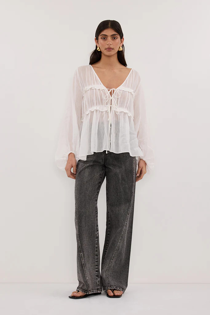 MILA WHITE RAMIE LONG SLEEVE FRILL TOP | DISSH