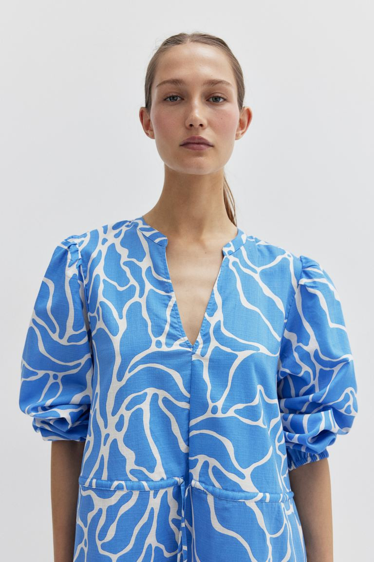 Drawstring-detail Dress - V-neck - Long sleeve - Blue/patterned - Ladies | H&M US | H&M (US + CA)