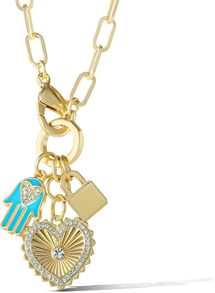 Jessica Simpson Womens Triple Charm Necklace 17" - Gold-Tone Necklace with Lock Charm and Heart C... | Amazon (CA)