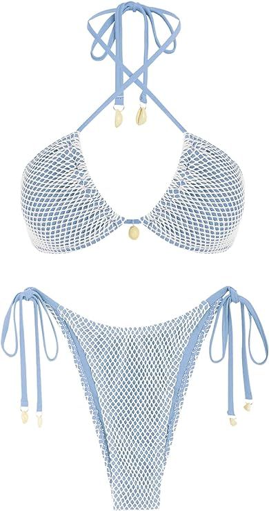 ZAFUL Women's Triangle Bikini Multiway Fishnet Tie Side Bandeau Halter String Bikini Set Two Piec... | Amazon (US)