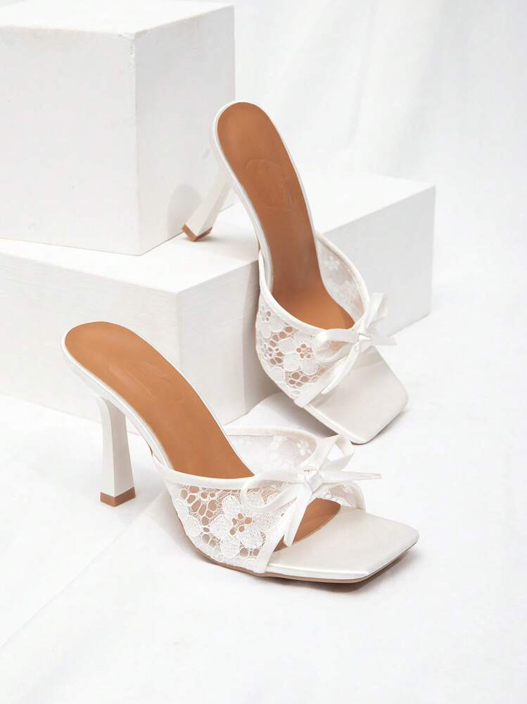 CUCCOO CHICEST Women's White Lace Embroidery Bowknot Pointed Toe Stiletto High Heel Sandals, Elegant Romantic Wedding Bridal Bridesmaids Dress Party Evening Shoes | SHEIN