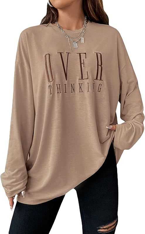 SOLY HUX Women's Letter Embroidery Tees Long Sleeve Round Neck Oversized T Shirts Tops | Amazon (US)