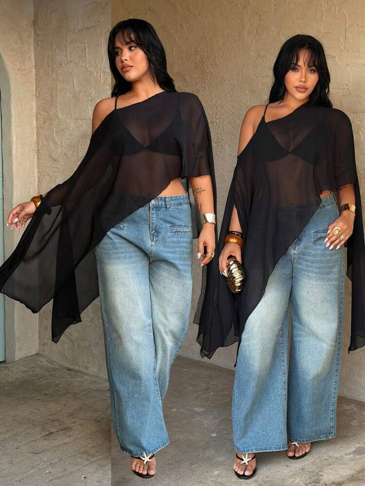 Rustia Plus Size Asymmetrical Neck Cloak Sleeve Blouse Black Semi-Sheer Woven Fabric Casual Girli... | SHEIN