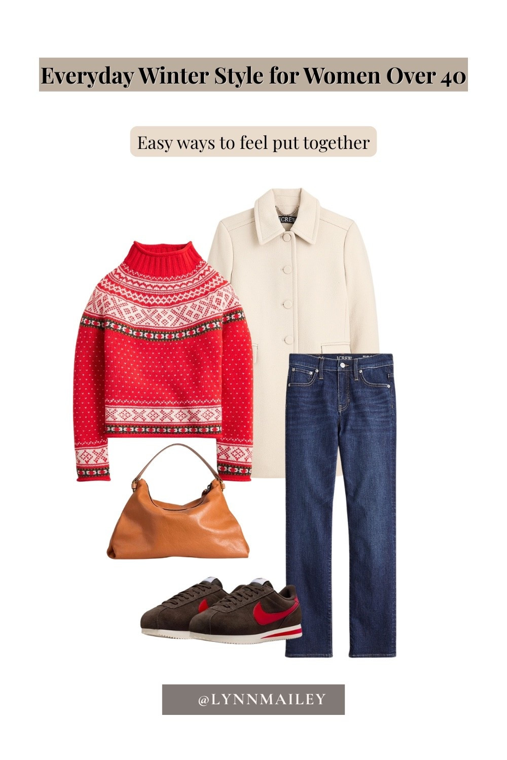 Every day winter style that feels easy and put together. A statement sweater paired with classic denim, a neutral coat, and comfortable sneakers makes this outfit practical and polished for everyday wear. Follow for more outfit ideas from a personal stylist @lynnmailey. ♥️

#LTKOver40 #LTKWorkwear #LTKootd