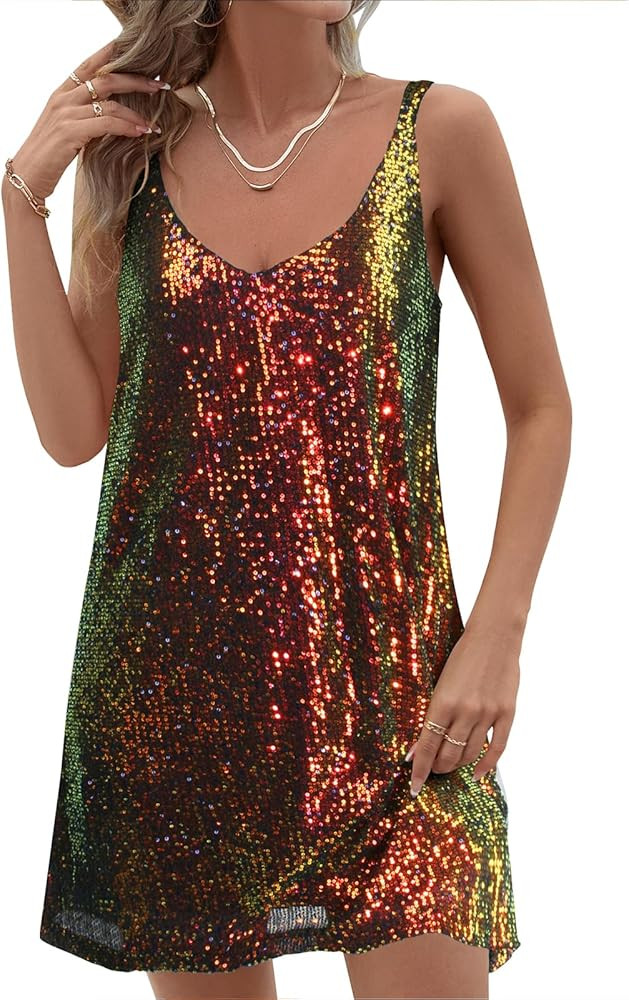 Women Sequin Sexy V Neck Shift Dress Sparkly Glitter Sleeveless Short Flowy Loose Party Night Out... | Amazon (US)