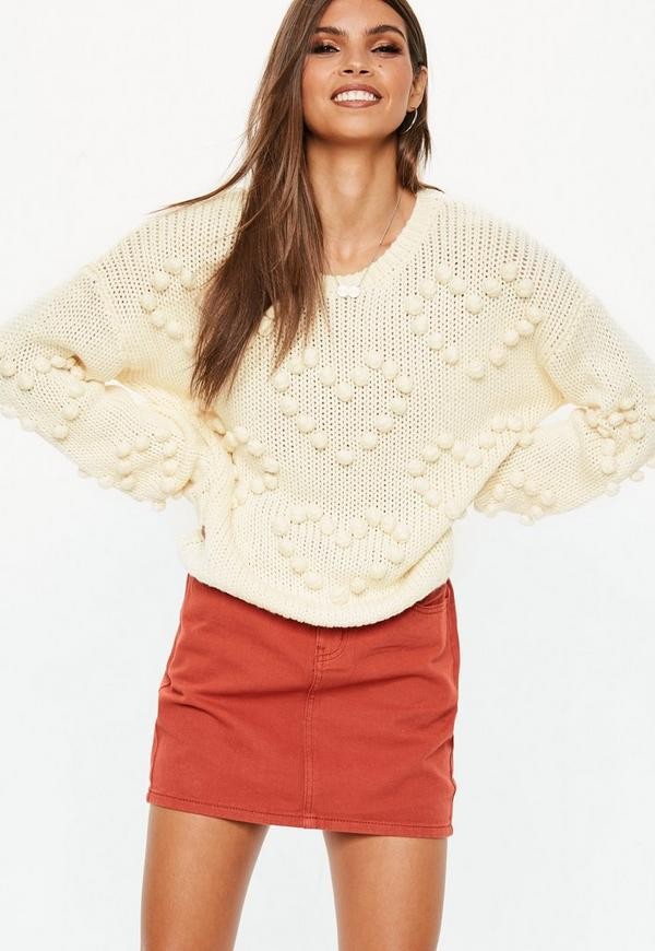 Cream Heart Bobble Pom Pom Cropped Sweater | Missguided (US & CA)