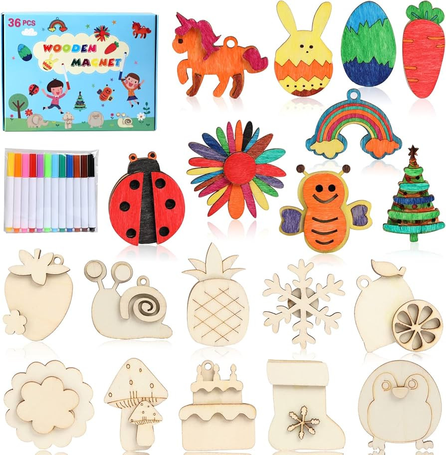 Worgree DIY Wooden Magnets, 36 pcs Wooden Art Craft Supplies Painting Kit for Kids Party Favors f... | Amazon (US)