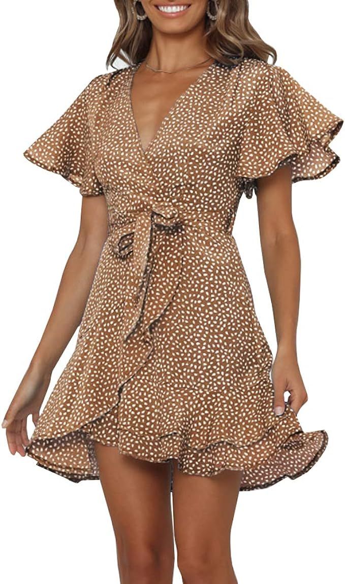 Chuanqi Womens Polka Dot Wrap V Neck Mini Dress Summer Beach Ruffles Hem Short Dresses with Belt | Amazon (US)