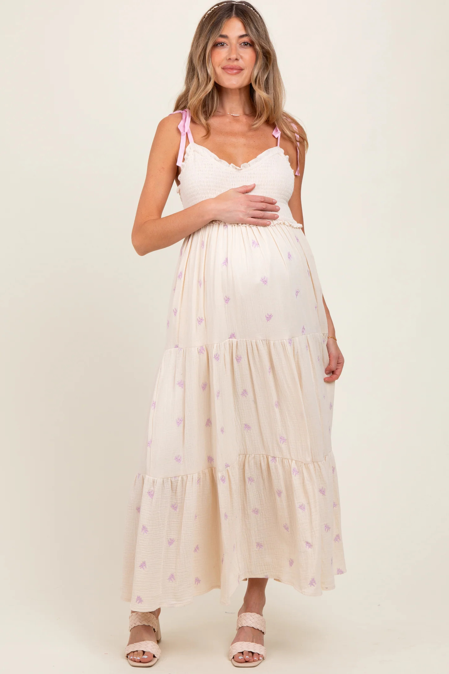 Cream Embroidered Smocked Shoulder Tie Maternity Maxi Dress | PinkBlush Maternity