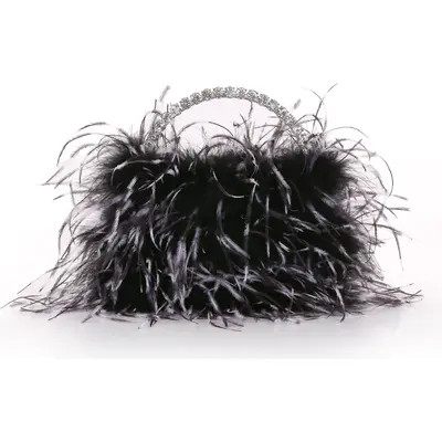 BADGLEY MISCHKA Raven Ostrich Feather Pouch Halfmoon Handle in Ivory at Nordstrom, Size Small | Nordstrom
