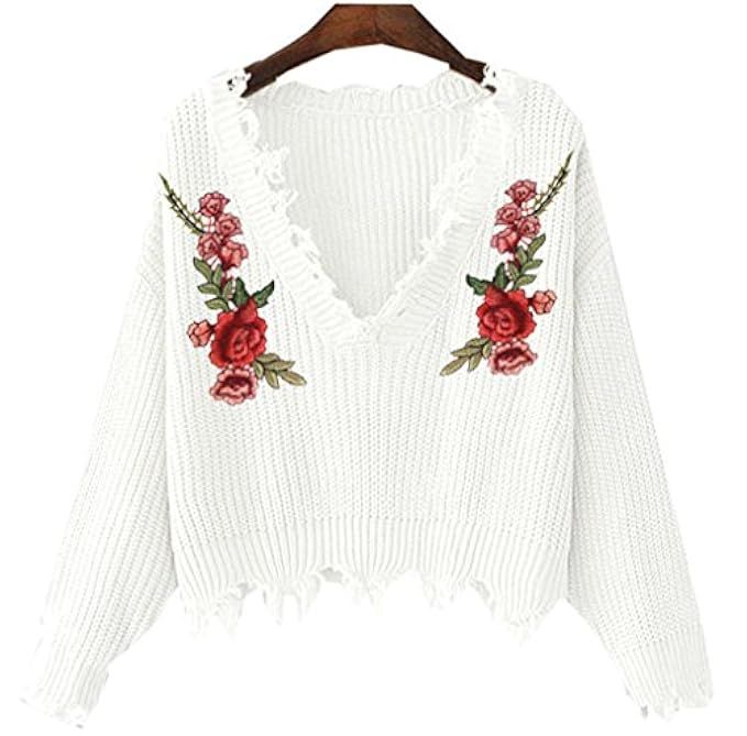 LifeShe 2017 Flower Embroidered Distressed V neck Sweaters and Pullovers | Amazon (US)