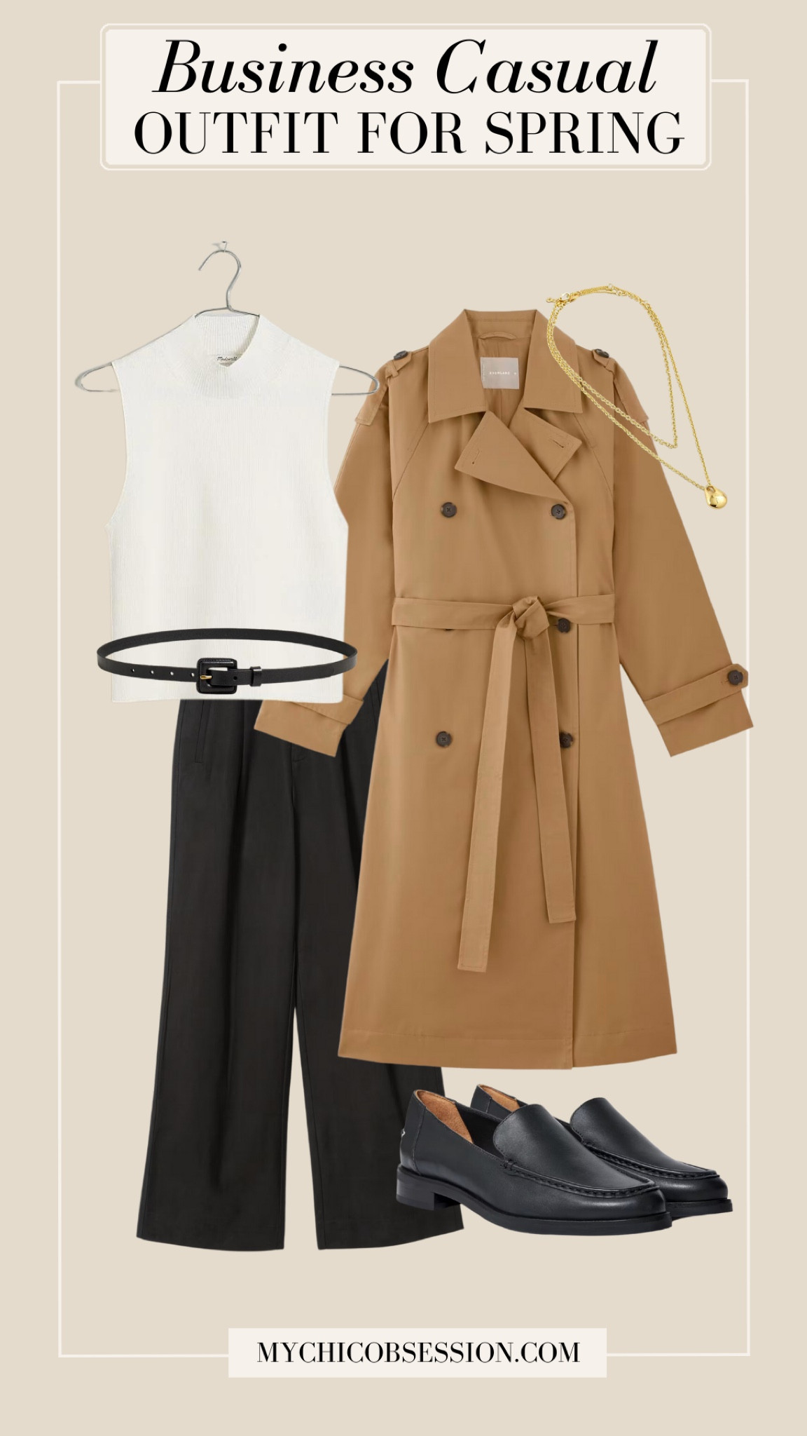 A classic trench coat is perfect for spring showers. Pair it with wide-leg trousers in a lighter color with a lightweight blouse or knit top tucked in.

Choose loafers or block-heeled shoes for comfortable and stylish footwear, and add a skinny belt to cinch the waist. To add to your refined yet not-too-overdone appearance, go with minimalistic accessories like a delicate necklace or simple stud earrings.

#LTKworkwear #LTKstyletip #LTKSeasonal