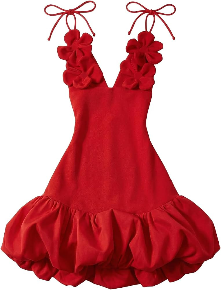 SOLY HUX Women's Summer Bubble Mini Dress 3D Floral Deep V Neck Tie Shoulder Spaghetti Strap A Li... | Amazon (US)