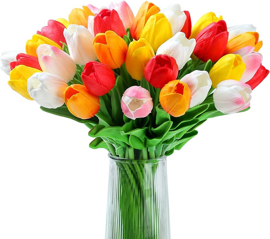 AWARDSEN 20pcs Artificial Tulips 14" Fake Tulips Flowers Slik Tulips Artificial Flowers Real Touc... | Amazon (US)