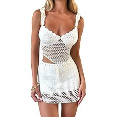 Sunloudy Women 2Pcs Crochet Knit Skirt Set Tube Crop Top + High Waist Bodycon Skirt Cover Up Beac... | Amazon (US)