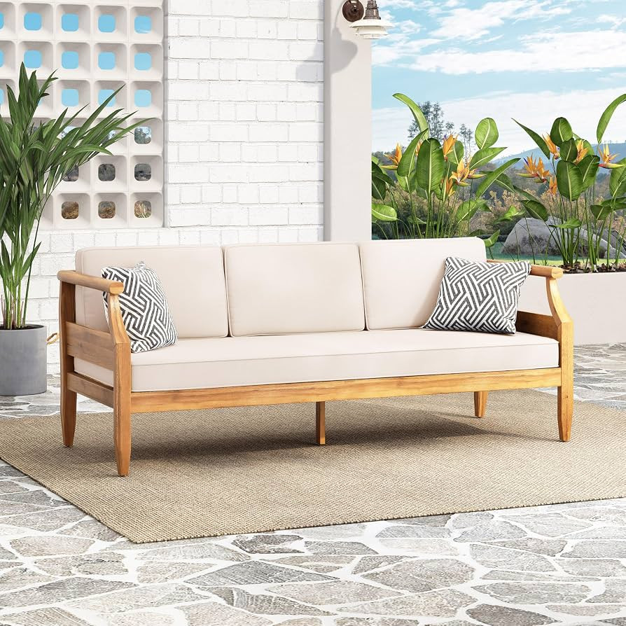 Amazon.com : Christopher Knight Home Aston Outdoor 3 Seater Sofa, Upholstered Cushion Couch, Acacia Wood Bench Sofa, Slat Armchair, 73.25" W Spacious Seating Bench Couch for Gardern Porch Balcony, Teak+Beige : Patio, Lawn & Garden | Amazon (US)