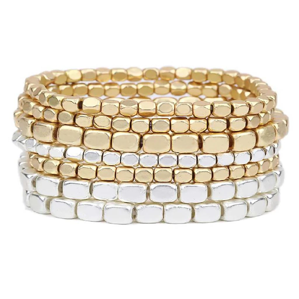 Chunky Nugget Multi Strand Stacking Statement Stretch Bangle Bracelet Set of 7 | Rosemarie Collections