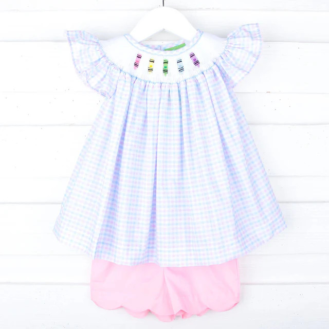 Crayon Smocked Pink Gingham Angel Sleeve Short Set | Classic Whimsy
