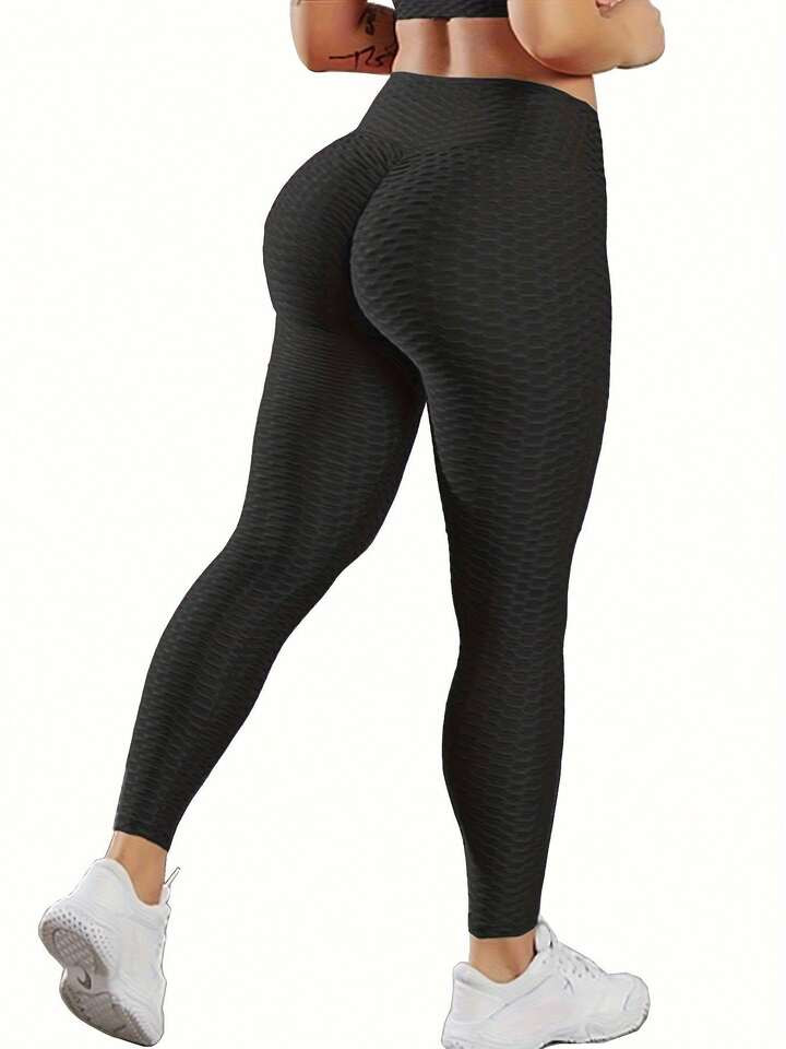 Plus Size Sexy Honeycomb Yoga Fitness Leggings, Solid Color Slimming Hip Lifting Sweatpants, Women's Sportswear | SHEIN