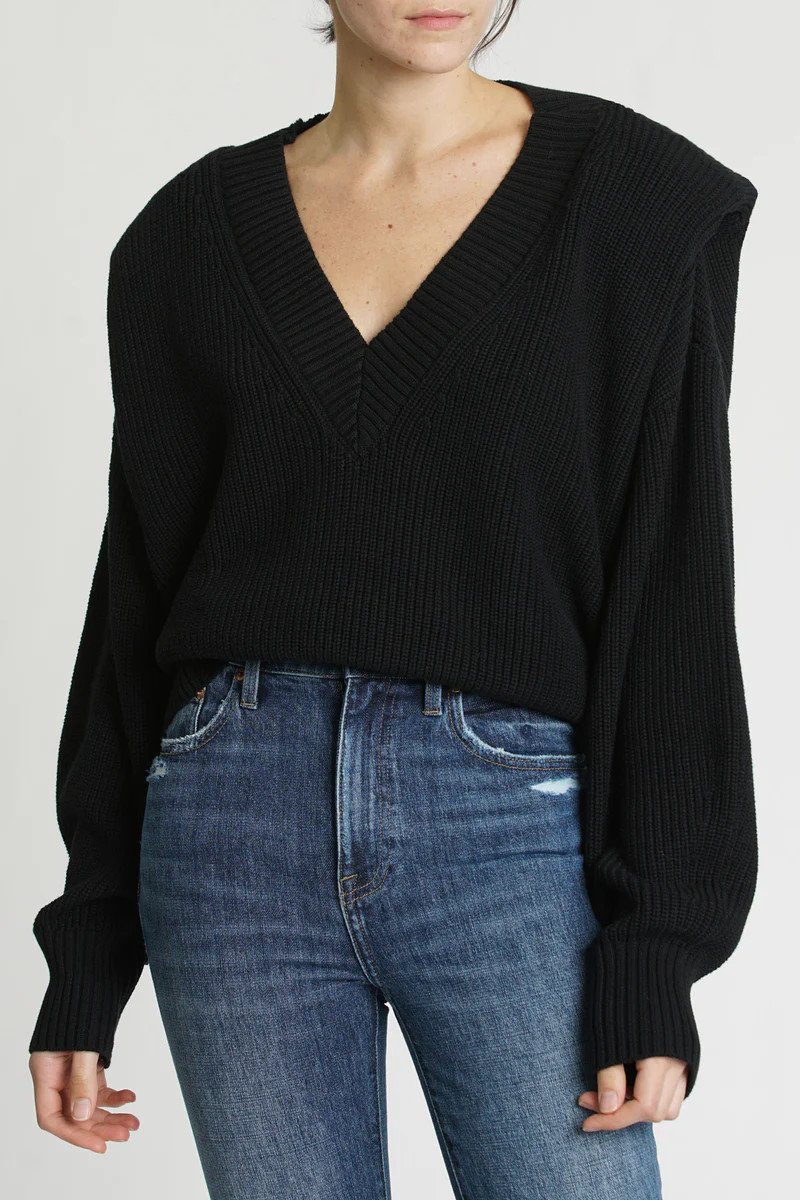 Camille V-Neck Shoulder Pad Sweater - Midnight | Pistola Denim