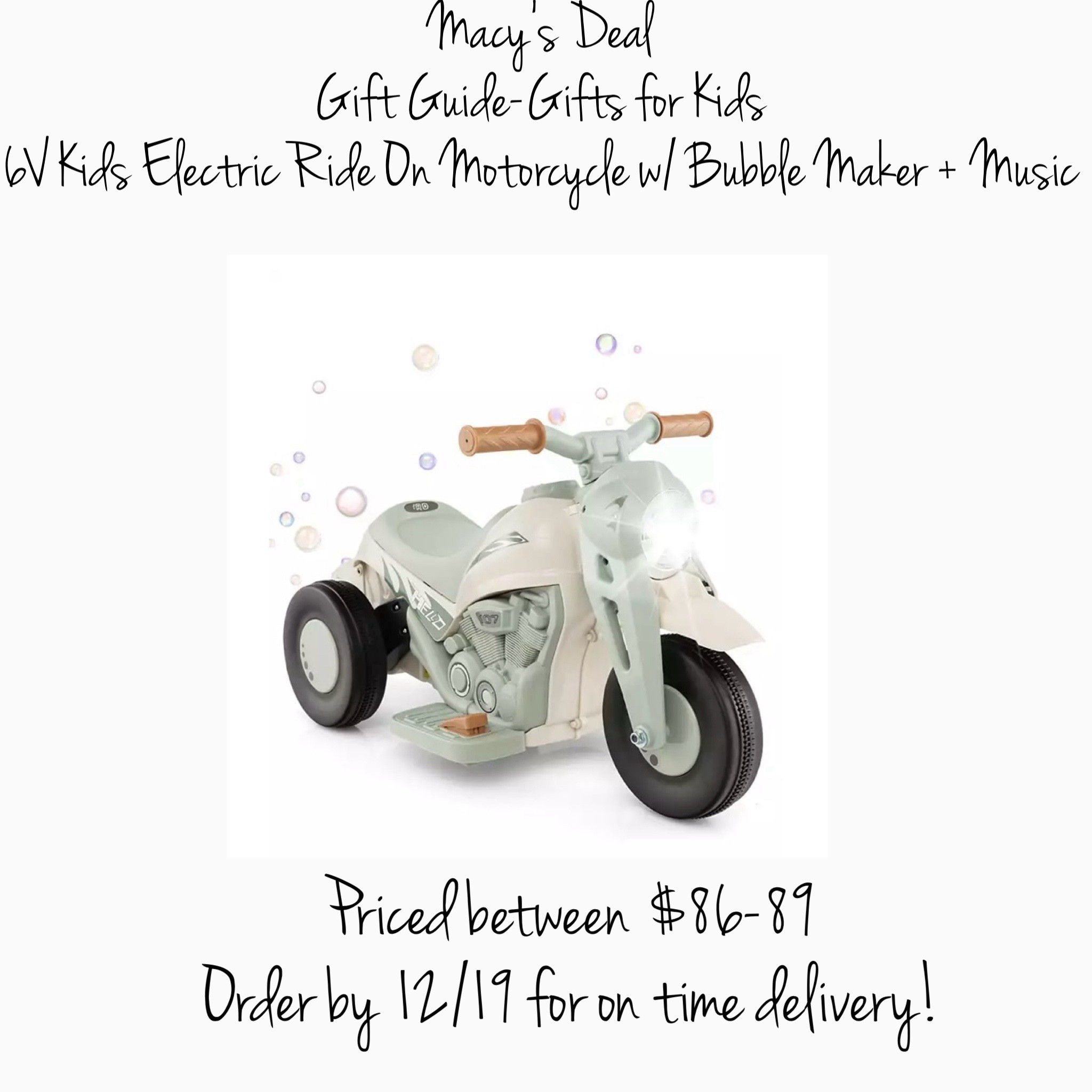 Gifts for kids! Kids electric motorcycle with music and bubble maker, kids electric toy, gift guide.

#LTKKids #LTKGiftGuide #LTKFindsUnder100