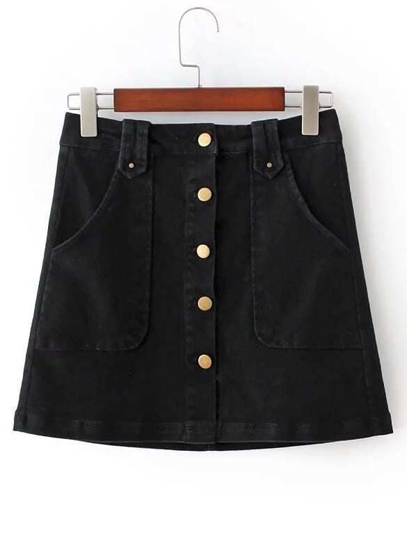 Black Buttons Front Pockets A-Line Skirt | Romwe