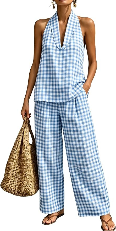 Women's Summer Gingham 2 Piece Set Halter Neck Sleeveless Top High Waist Pants Casual Cotton Outf... | Amazon (US)