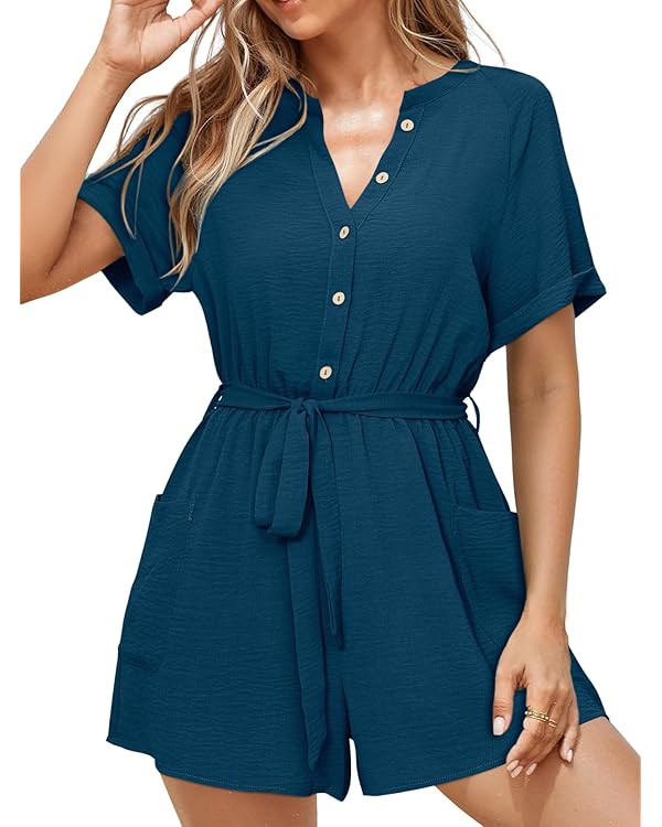 Simplee Women Summer Short Rompers V Neck Button Down Short Sleeve Belted Waist Tie Jumpsuits wit... | Amazon (US)