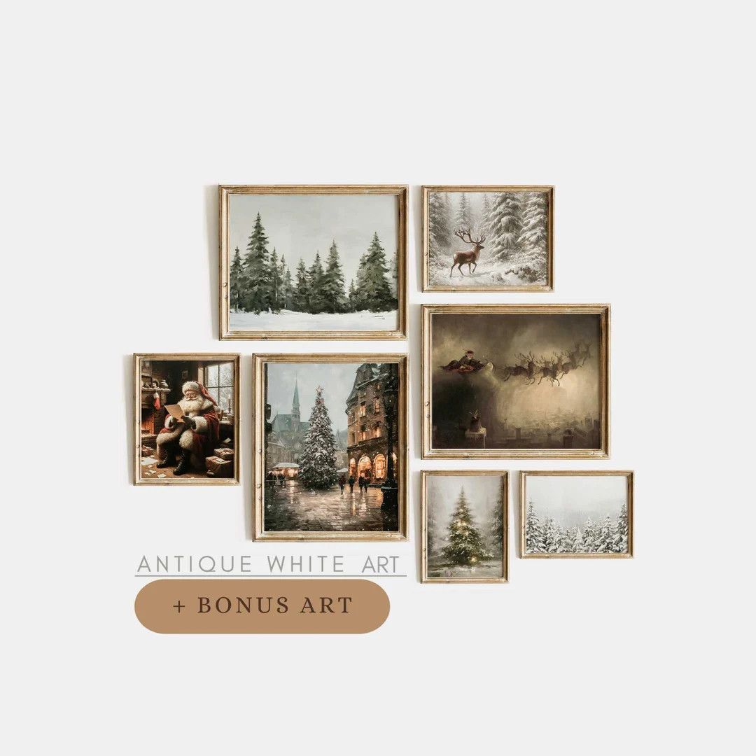 Printable Vintage Christmas Tree Prints Set of Moody Winter - Etsy | Etsy (US)