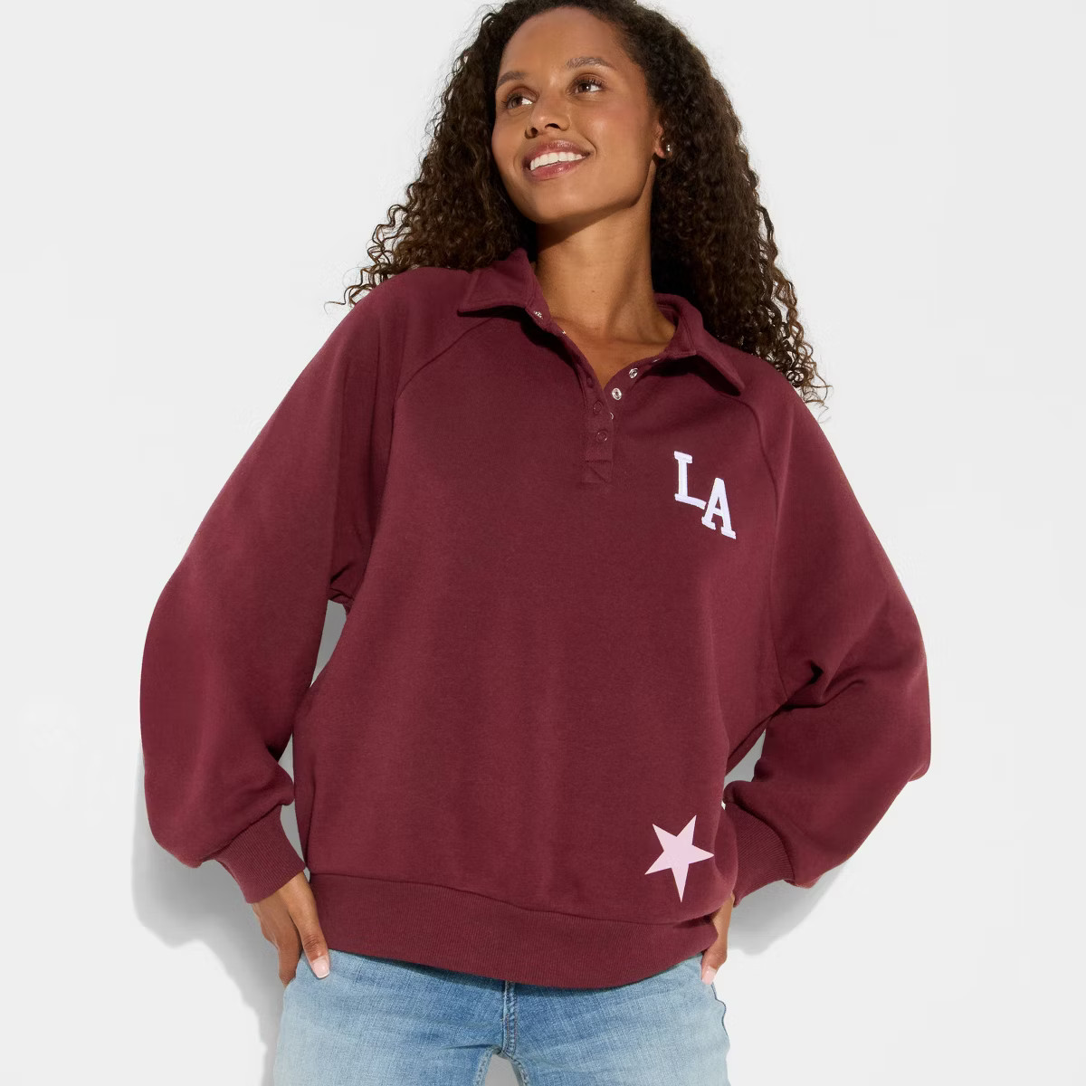 Women's LA Button-Front Graphic Pullover Sweatshirt - Burgundy XXS | Target