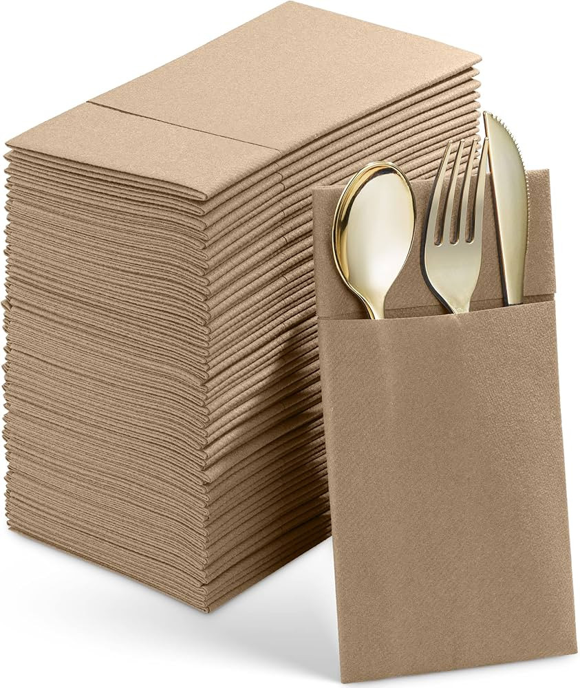 50-Pack Disposable Linen-Feel Dinner Napkins With Built-in Flatware Pocket, WOOD Prefolded Cloth ... | Amazon (US)