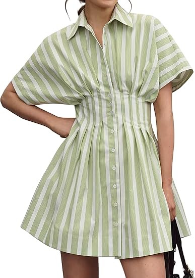 Vestido camisero plisado con botones en la parte delantera, para verano, casual, manga corta, pli... | Amazon (US)