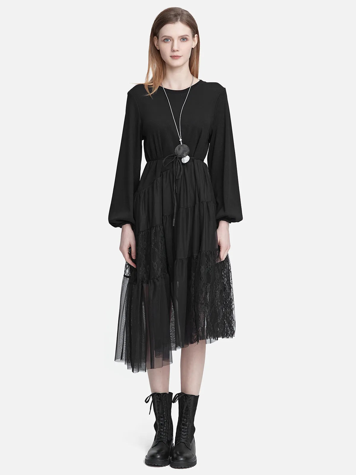 Crew Neck Waist Mesh Lace Long Sleeve Dress | SDEER