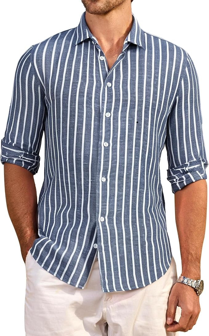 Esabel.C Men's Linen Casual Button Down Shirts Long Sleeve Striped Cotton Regular Fit Beach Weddi... | Amazon (US)
