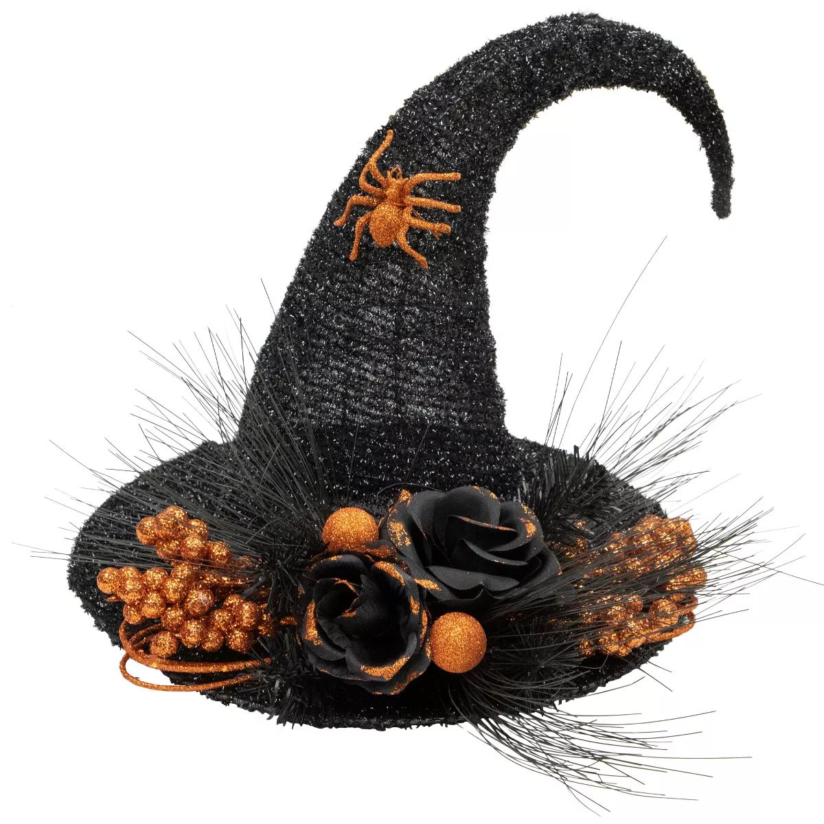 Northlight 16" Black Tinsel Witch's Hat with Orange Glittered Roses Halloween Decoration | Target