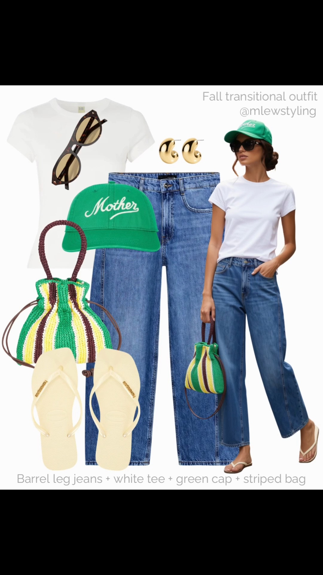 Barrel leg jeans + baseball cap + flip flop sandals 🍃

Summer to fall transitional outfit, weekend look, Zara barrel leg jeans, striped bag, havaianas flip flops, mother denim baseball cap, fitted white tee, gold earrings, elevated casual outfit

#LTKfall #LTKsummer #LTKshoes