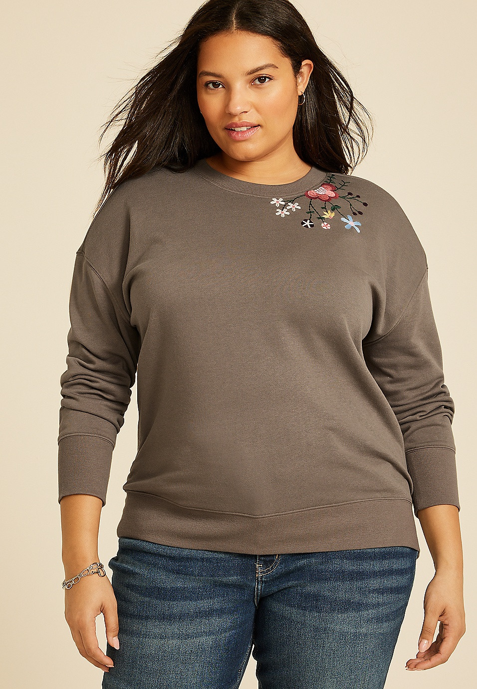 Plus Size Floral Embroidered Relaxed Fit Sweatshirt | Maurices