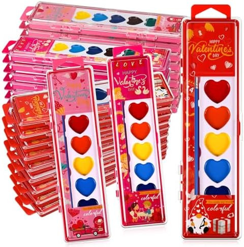 12 Packs Valentines Heart Watercolor Paint Set 8 Washable Colors with Brushes Water Color Paintin... | Amazon (US)