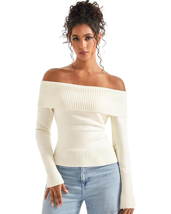 SUUKSESS Women Off Shoulder Sweaters Long Sleeve Ribbed Knit Going Out Fall Tops Blouse | Amazon (US)