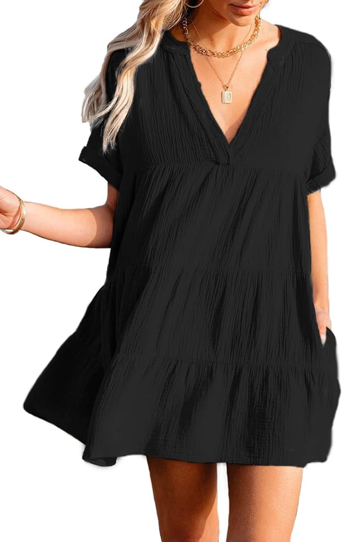 Thereadict Women's Casual Solid O Neck Long Sleeves Basic Fitted Mini Dress | Amazon (US)