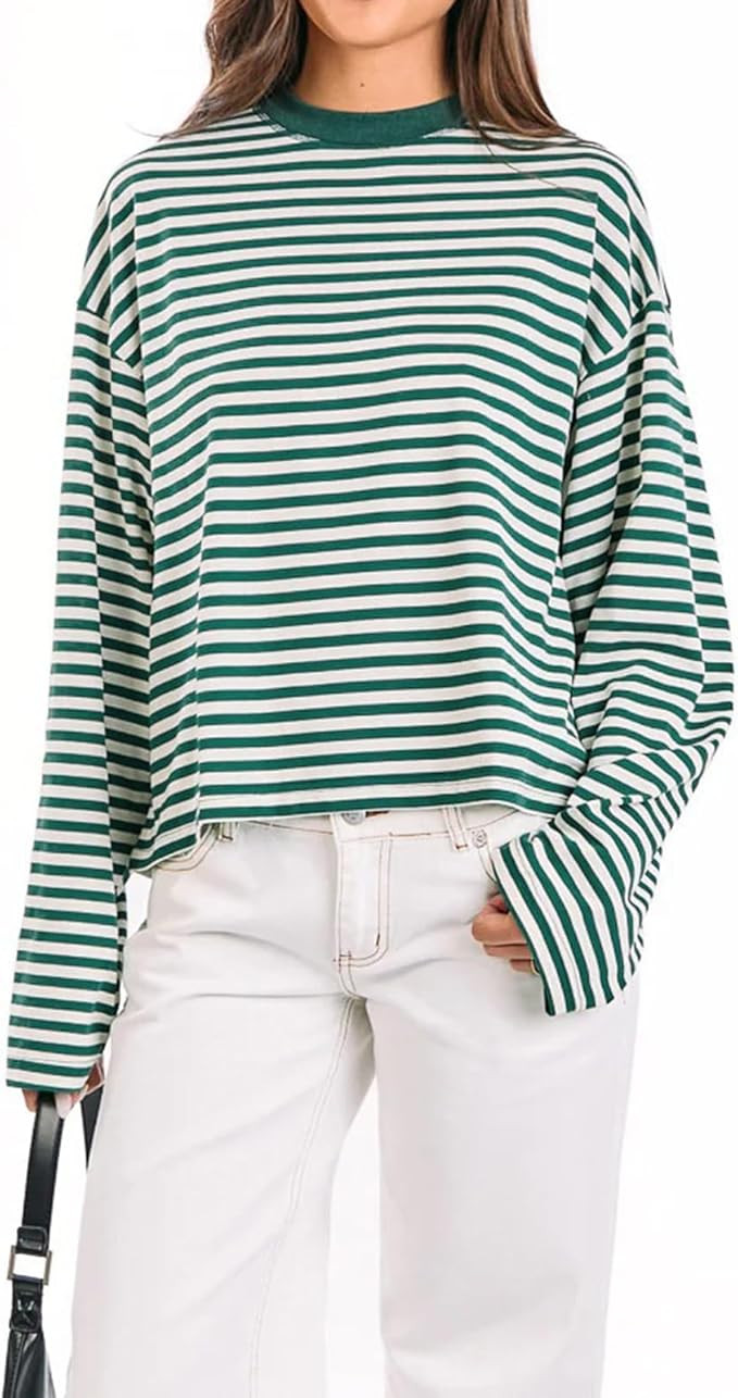 Y2k Womens Striped Cropped Shirt Drop Shoulder Long Sleeve Crewneck Sweatshirt Fairy Grunge Sweat... | Amazon (US)