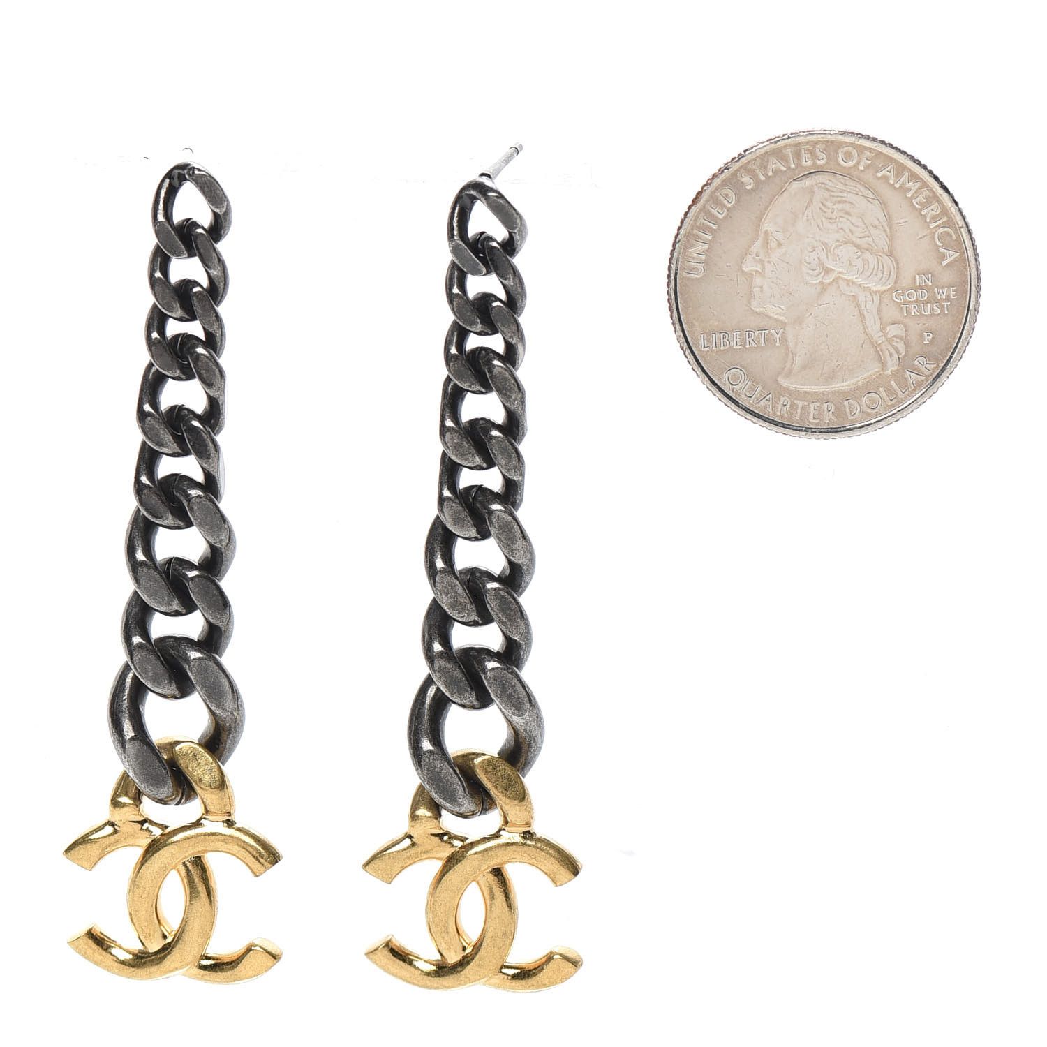 Metal CC Pick Drop Earrings Ruthenium Gold | Fashionphile