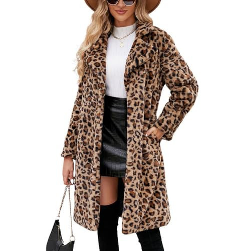 chouyatou Women's Open Front Leopard Print Faux Fur Long Trench Coat Lapel Collar Furry Jacket Coat (Medium, Brown) | Amazon (US)