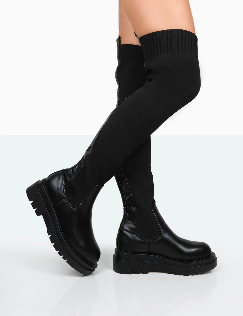 Evergreen Black Pu Wide Fit Knee High Elasticated Detail Chunky Heeled Sole Boots | Public Desire (US & CA)
