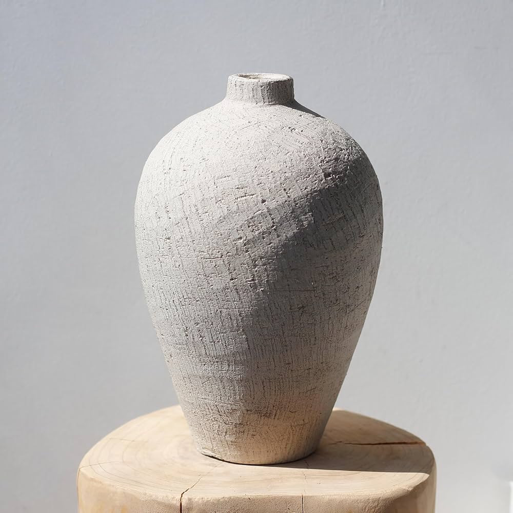 Beige White Ceramic Rustic Farmhouse Vase, 11.4 inch Organic Oval Vintage Textured Clay Decorativ... | Amazon (US)
